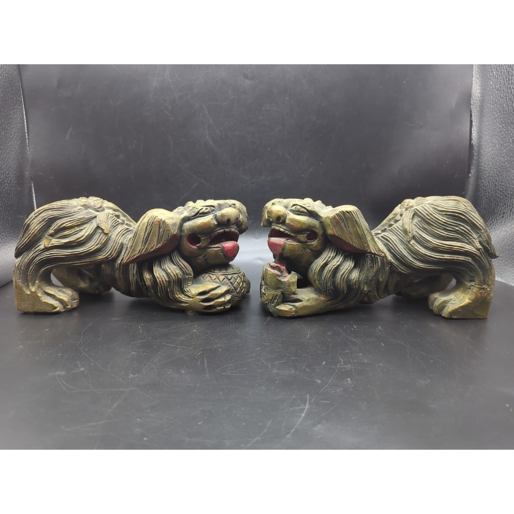 Pair of Vintage Chinese Gold Gilt Wood Carved Foo Dogs - Picture 10 of 11
